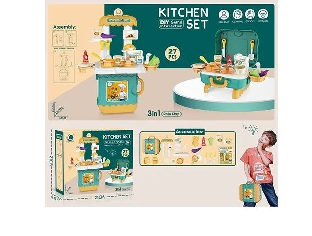 DIY 3 in 1 Portable Kitchen Set Play House Briefcase 27 Pcs