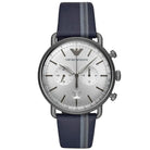 Emporio Armani AR11202 Aviator Men’s Chronograph Quartz Stainless Steel Silver Dial 43mm Blue Leather Strap Watch
