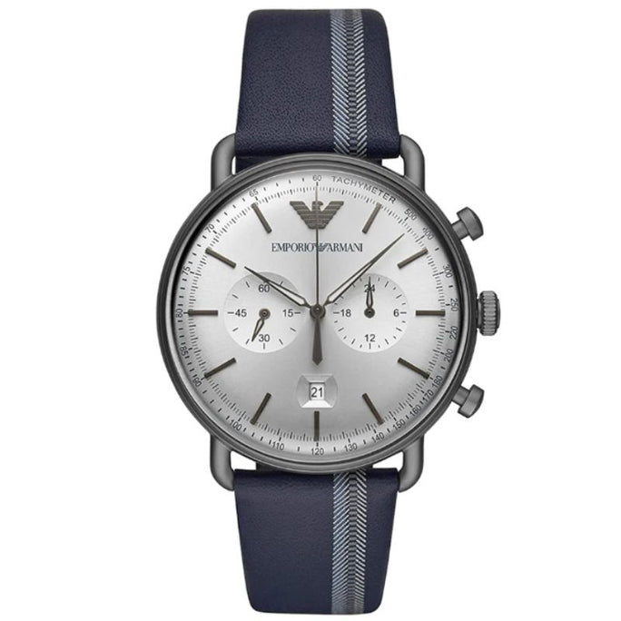 Emporio Armani AR11202 Aviator Men’s Chronograph Quartz Stainless Steel Silver Dial 43mm Blue Leather Strap Watch