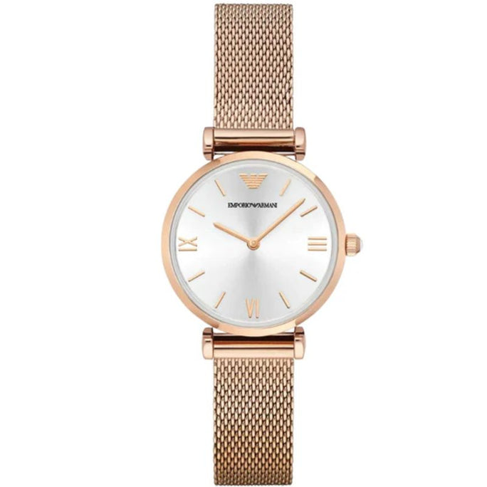 Emporio Armani AR1956 Women's Rose Gold Mesh Bracelet Silver Dial Quartz Watch