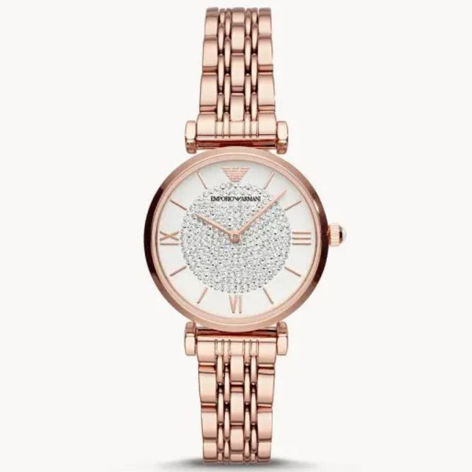 Emporio Armani AR11244 Women’s Quartz Rose Gold Stainless Steel Silver Crystal Pave Dial 32mm Watch