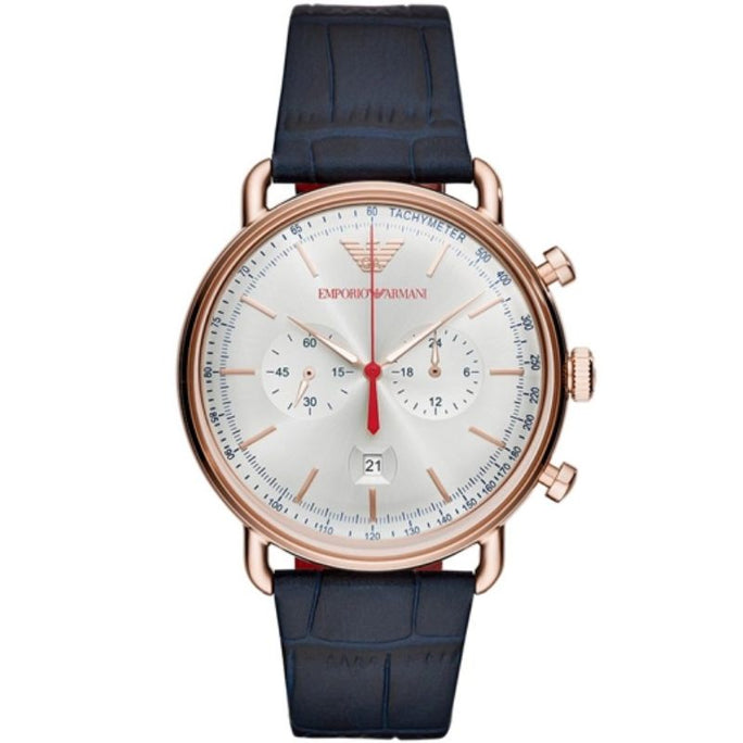 Emporio Armani AR11123 Men’s Chronograph Quartz Blue Leather Strap Silver Dial 48mm Watch