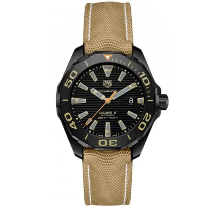 Tag Heuer WAY208C.FC6383 Aquaracer Men’s Automatic Swiss Made Beige Nylon Strap Black Dial 43mm Watch