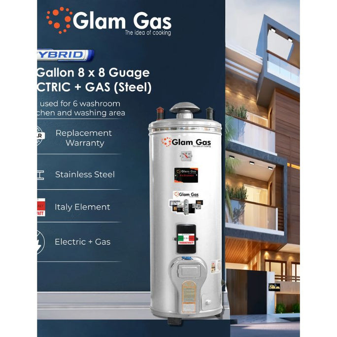 Glam Gas Hybrid Water Heater (Electric + Gas) - 50 Gallon (8x8) Steel With Official Warrnaty