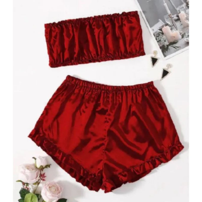 Bihaam Piece Women Girl Ladies Silk Satin Robe Crop Tops Shorts Sleepwear Babydoll Nightdress - M