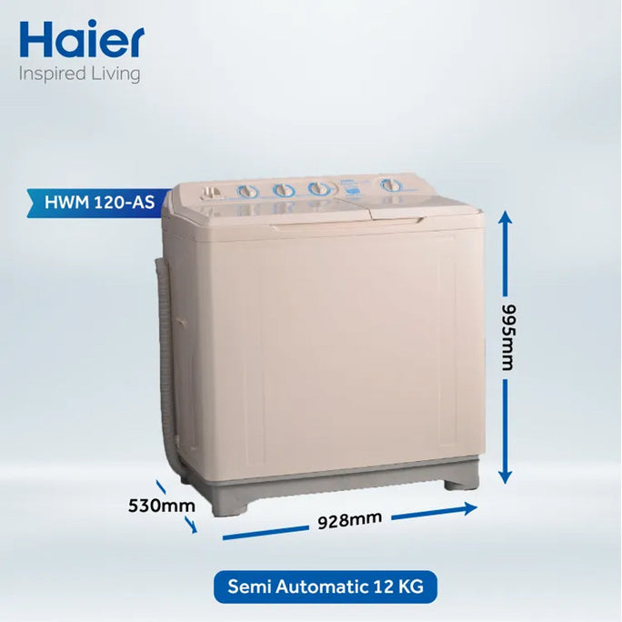 Haier HWM 120-AS 12Kg Top Load Twin Tub Semi Automatic Washing Machine with Official Warranty