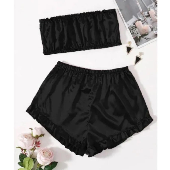 Bihaam Piece Women Girl Ladies Silk Satin Robe Crop Tops Shorts Sleepwear Babydoll Nightdress - M