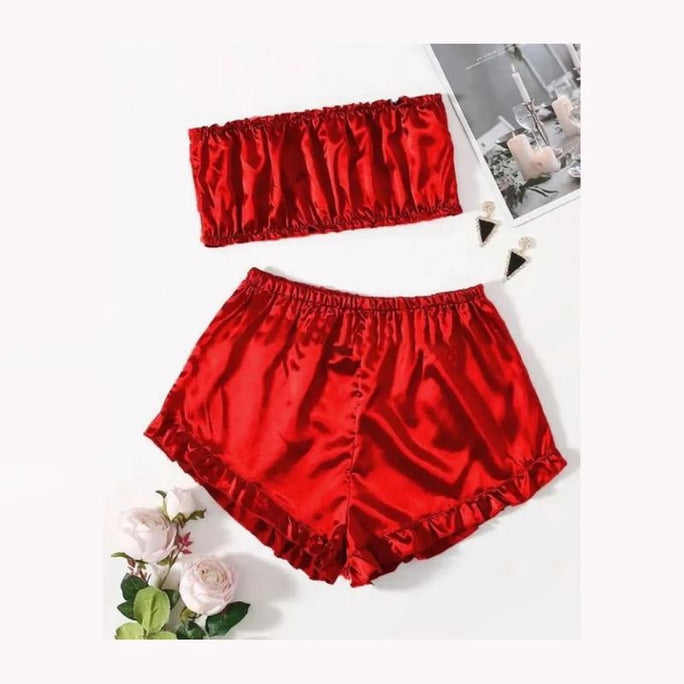 Bihaam Piece Women Girl Ladies Silk Satin Robe Crop Tops Shorts Sleepwear Babydoll Nightdress - M