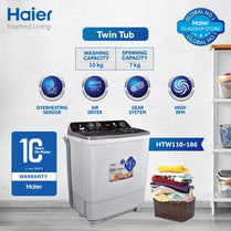 Haier HTW 110-186 10Kg Top Load Twin Tub Semi Automatic Washing Machine With Official Warranty