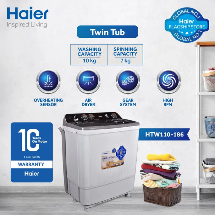 Haier HTW 110-186 10Kg Top Load Twin Tub Semi Automatic Washing Machine With Official Warranty