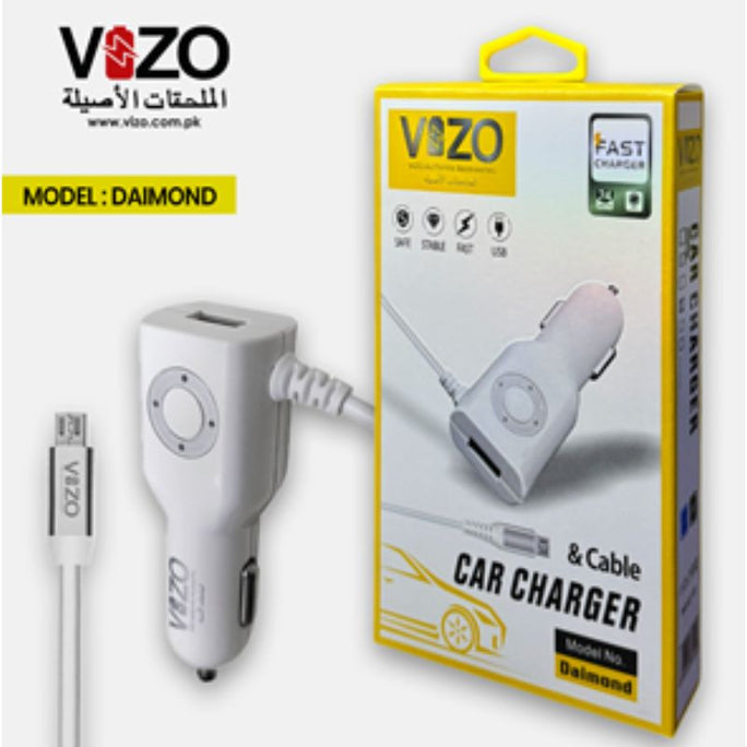 Vizo Diamond 3A Fast Car Charger with Built-in Micro USB Cable